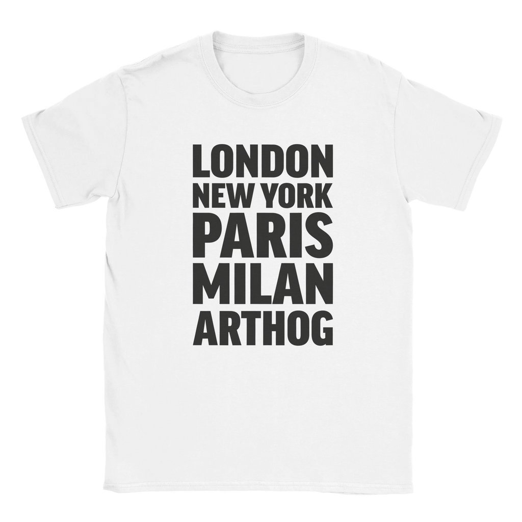 ARTHOG T-shirt by Place name prints. A light hearted typographic design featuring London, New York, Paris and Milan