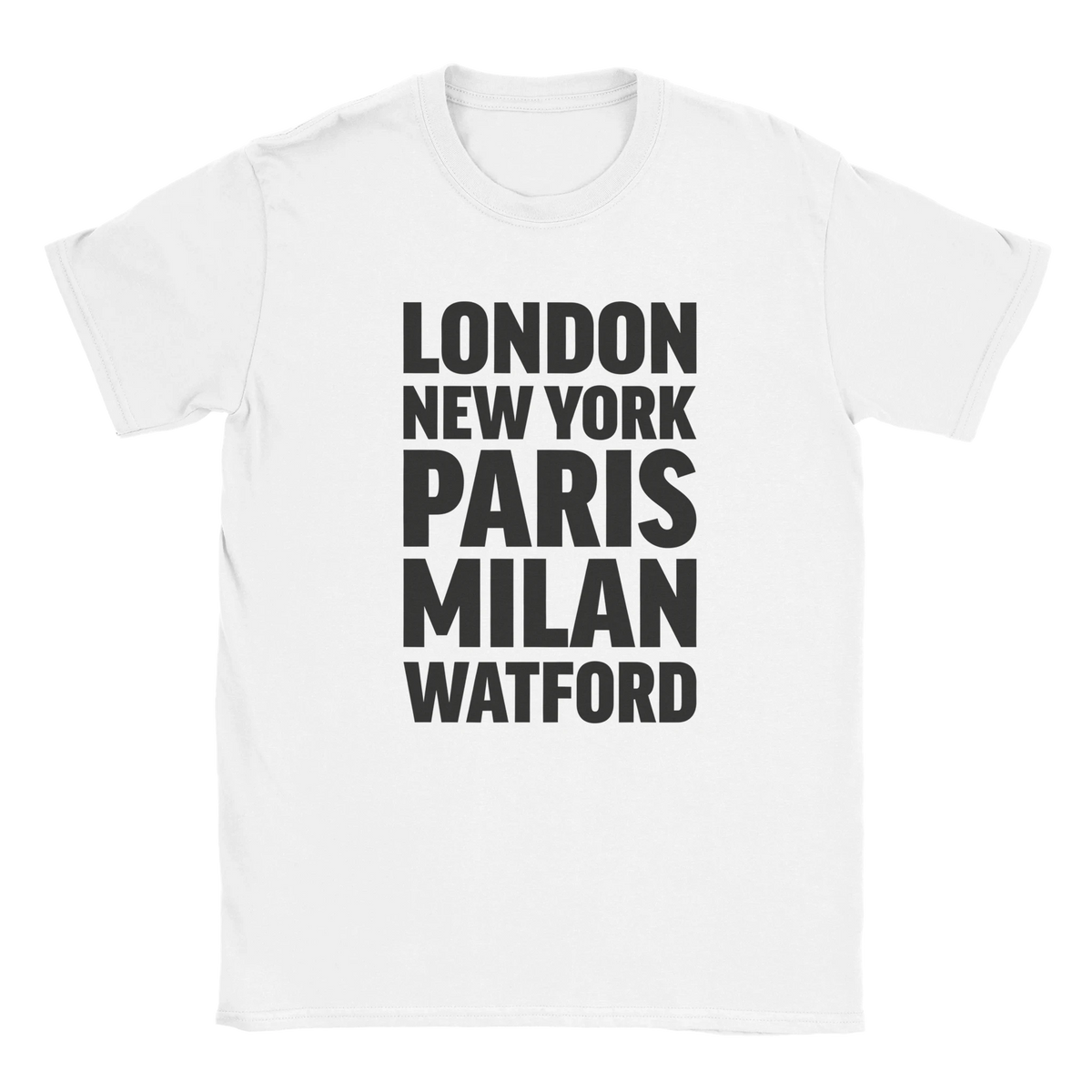 WATFORD T-shirt by Place name prints. A light hearted typographic design featuring London, New York, Paris and Milan