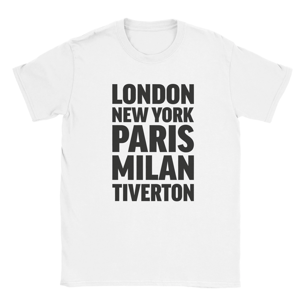 TIVERTON T-shirt by Place name prints. A light hearted typographic design featuring London, New York, Paris and Milan