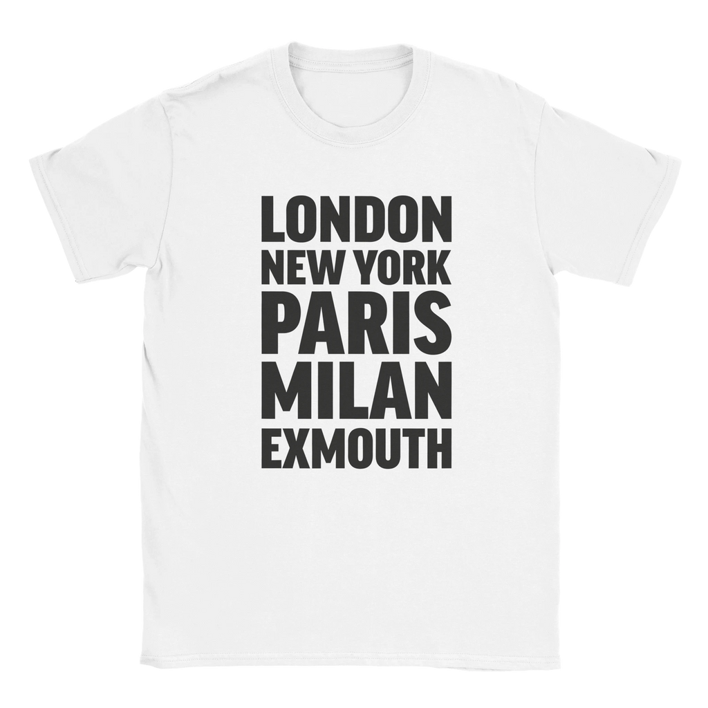 EXMOUTH T-shirt by Place name prints. A light hearted typographic design featuring London, New York, Paris and Milan