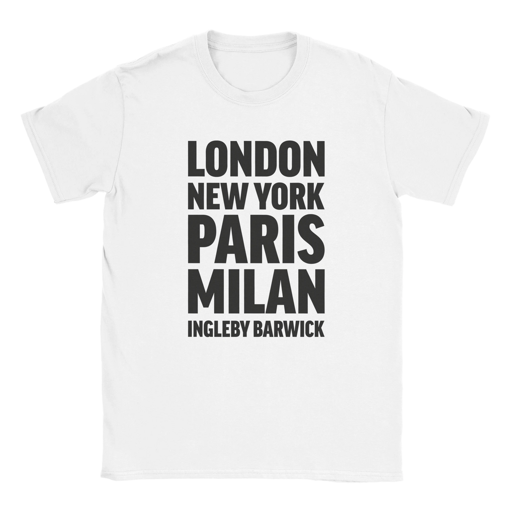 INGLEBY-BARWICK T-shirt by Place name prints. A light hearted typographic design featuring London, New York, Paris and Milan