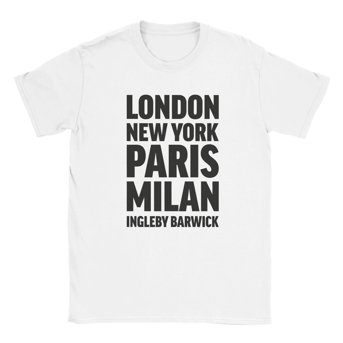 INGLEBY-BARWICK T-shirt by Place name prints. A light hearted typographic design featuring London, New York, Paris and Milan