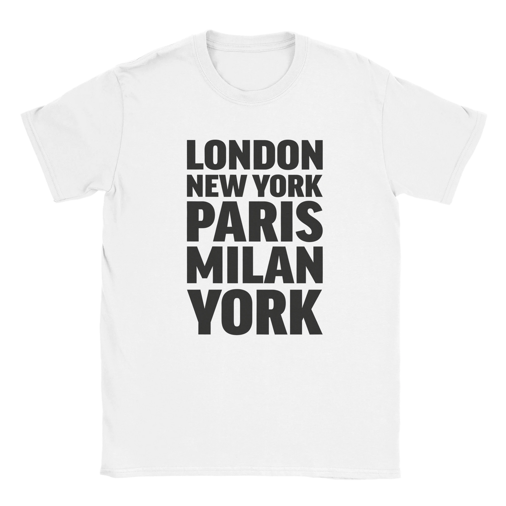 YORK T-shirt by Place name prints. A light hearted typographic design featuring London, New York, Paris and Milan