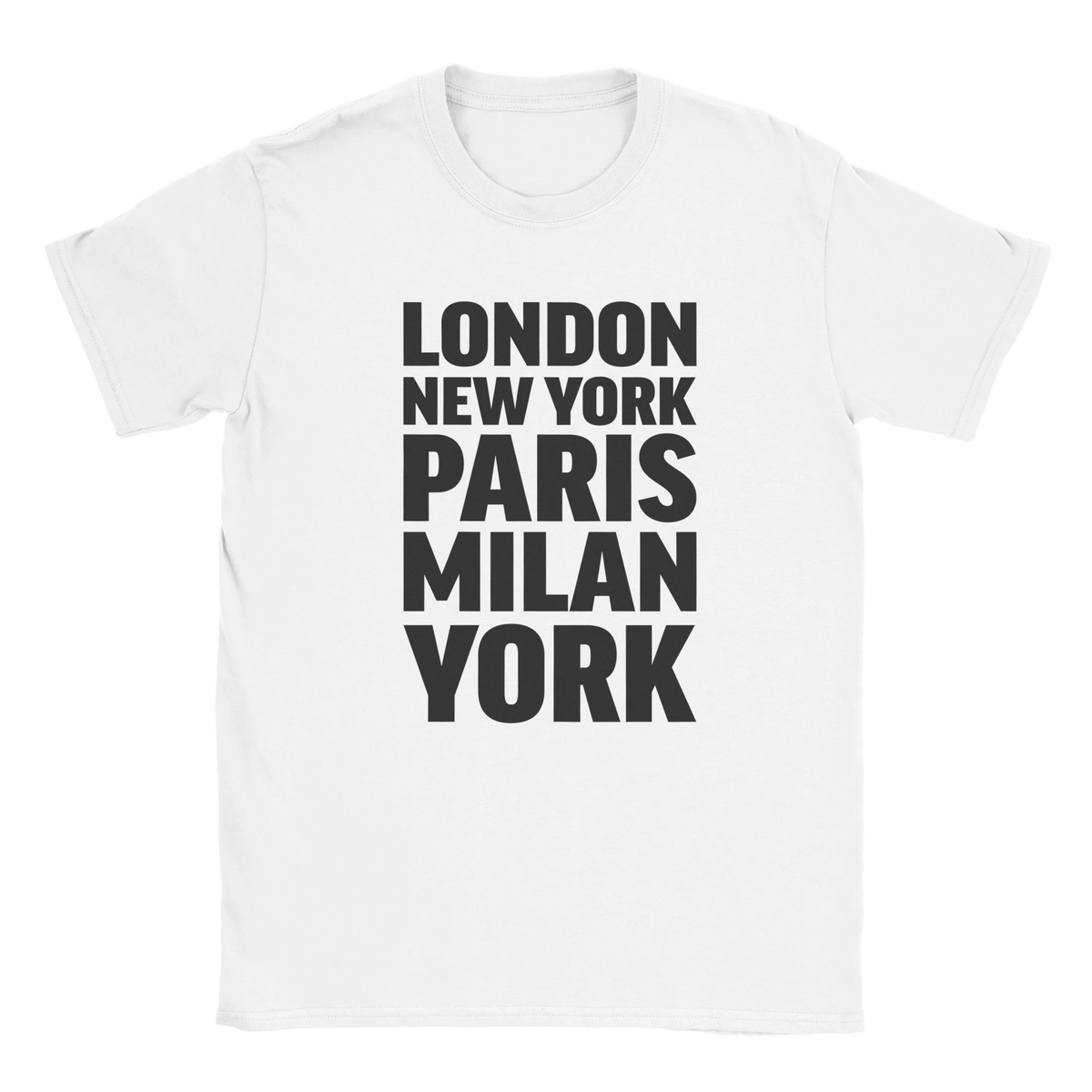 YORK T-shirt by Place name prints. A light hearted typographic design featuring London, New York, Paris and Milan