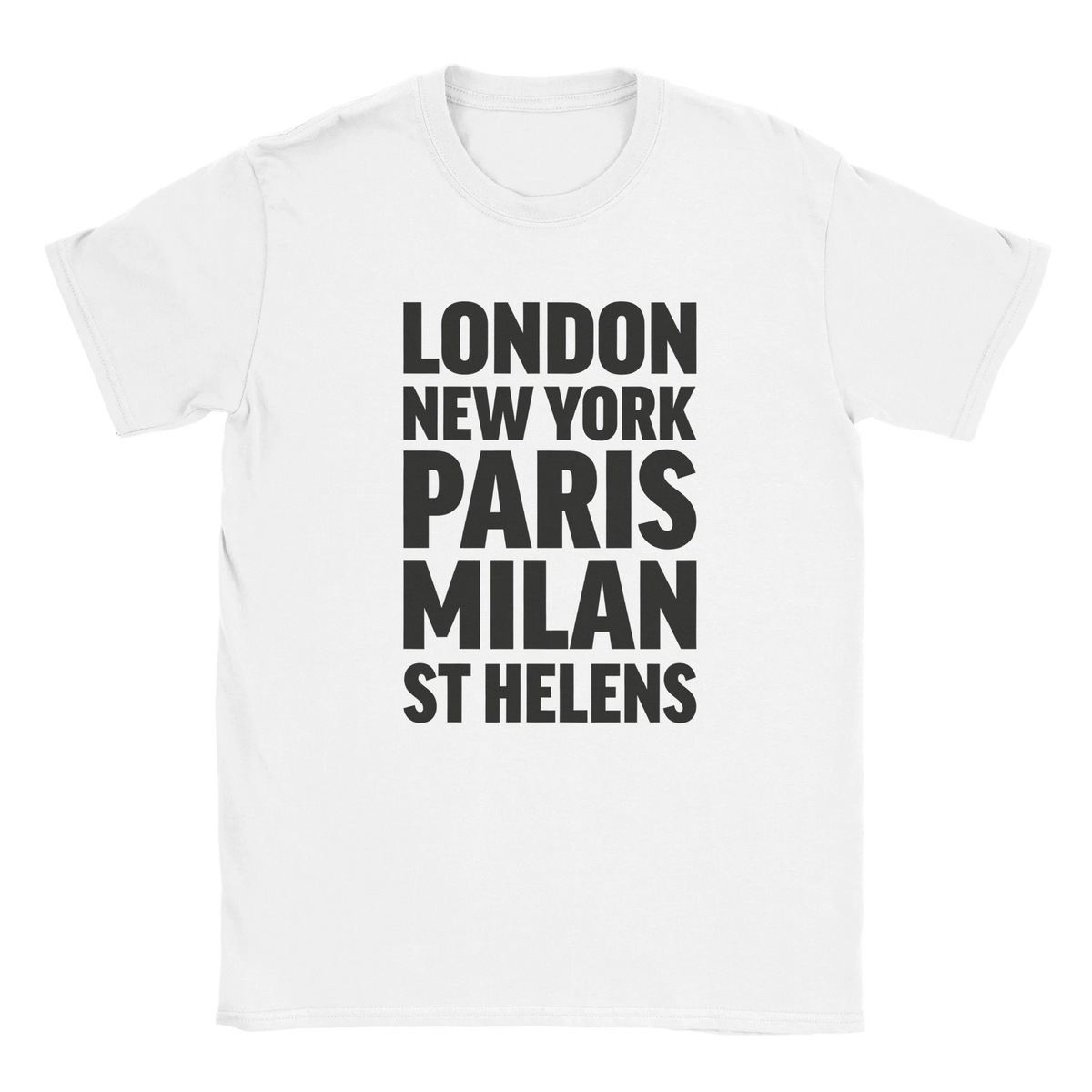 ST-HELENS T-shirt by Place name prints. A light hearted typographic design featuring London, New York, Paris and Milan