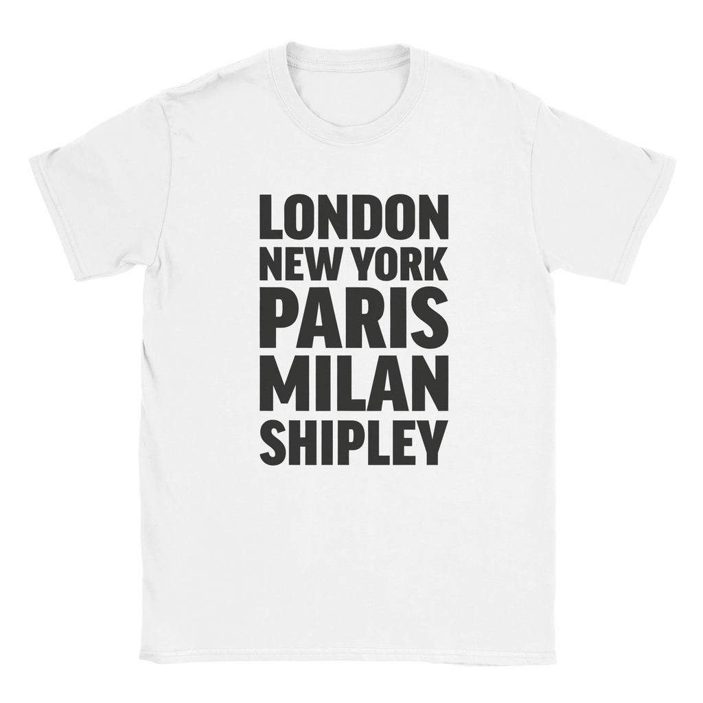 SHIPLEY T-shirt by Place name prints. A light hearted typographic design featuring London, New York, Paris and Milan