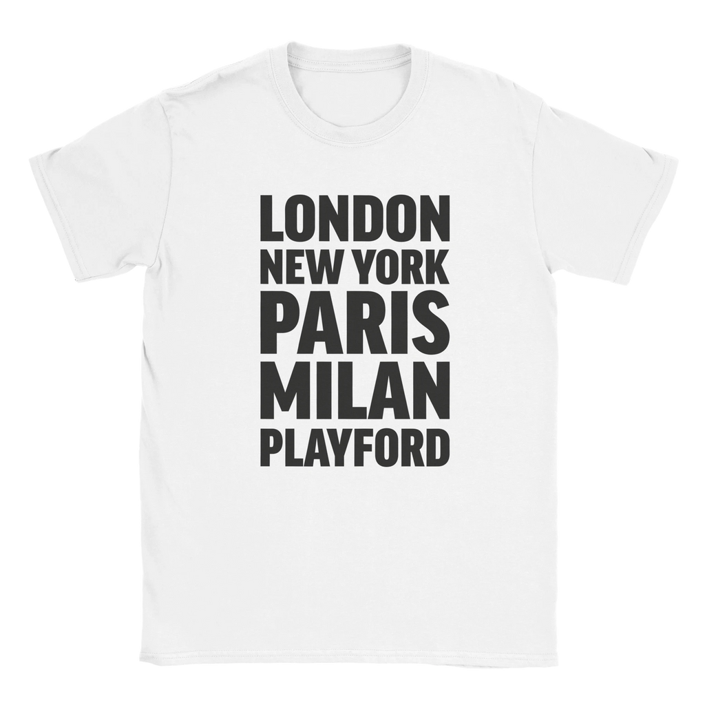 PLAYFORD T-shirt by Place name prints. A light hearted typographic design featuring London, New York, Paris and Milan