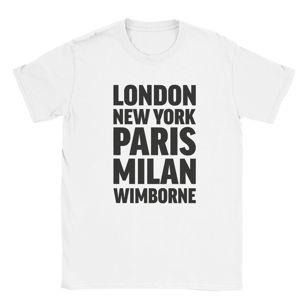 WIMBORNE T-shirt by Place name prints. A light hearted typographic design featuring London, New York, Paris and Milan