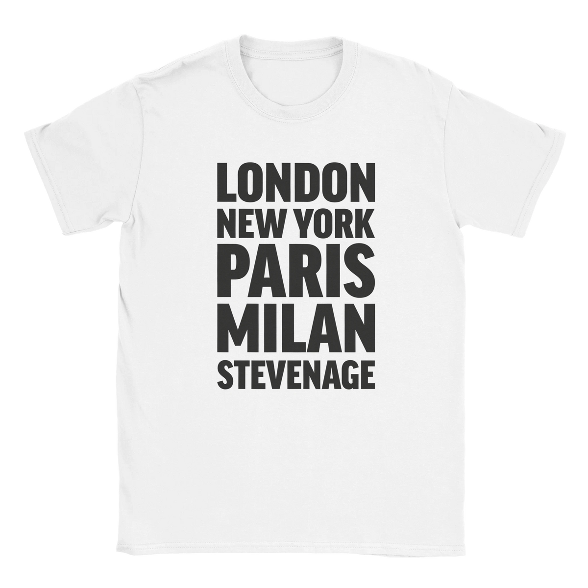 STEVENAGE T-shirt by Place name prints. A light hearted typographic design featuring London, New York, Paris and Milan