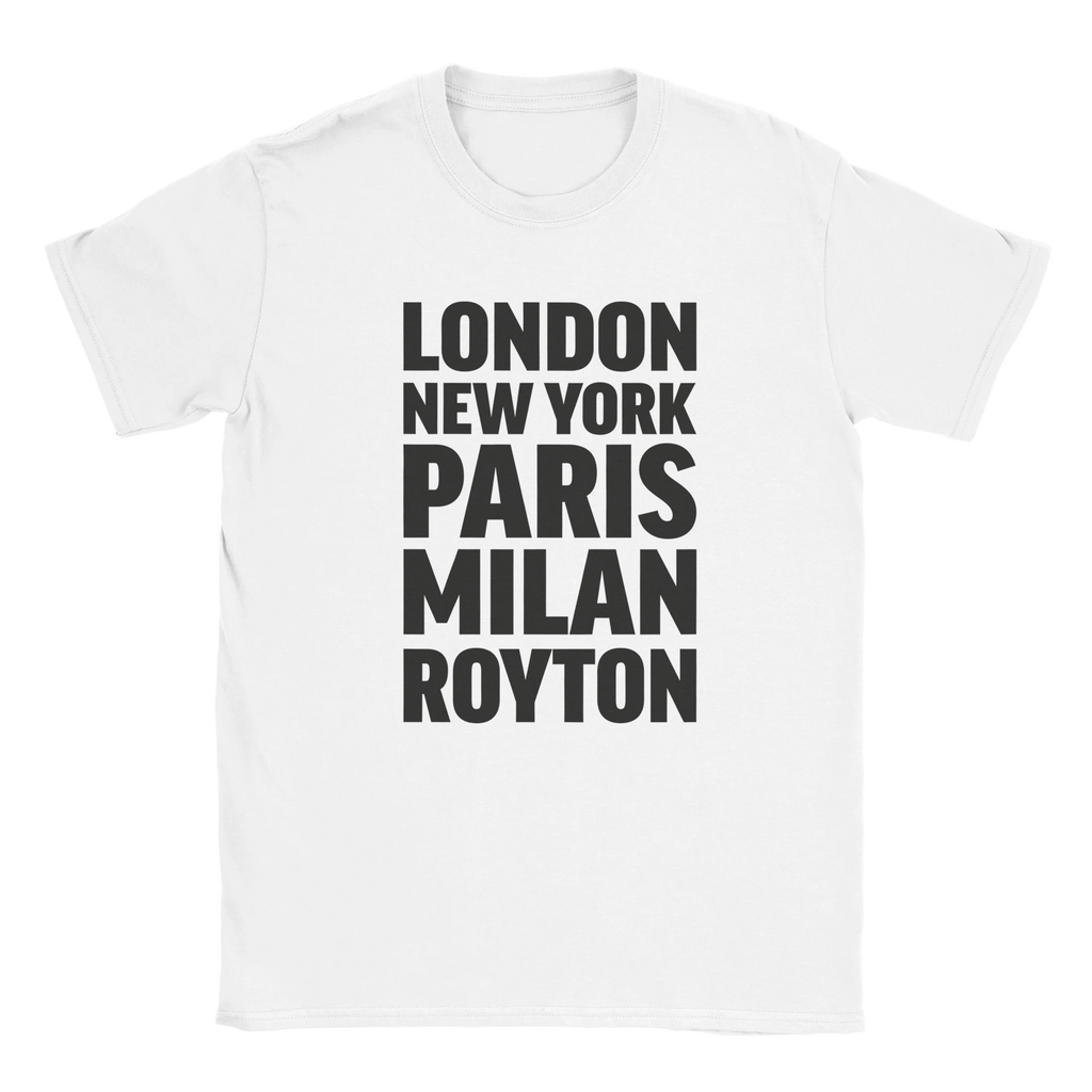 ROYTON T-shirt by Place name prints. A light hearted typographic design featuring London, New York, Paris and Milan
