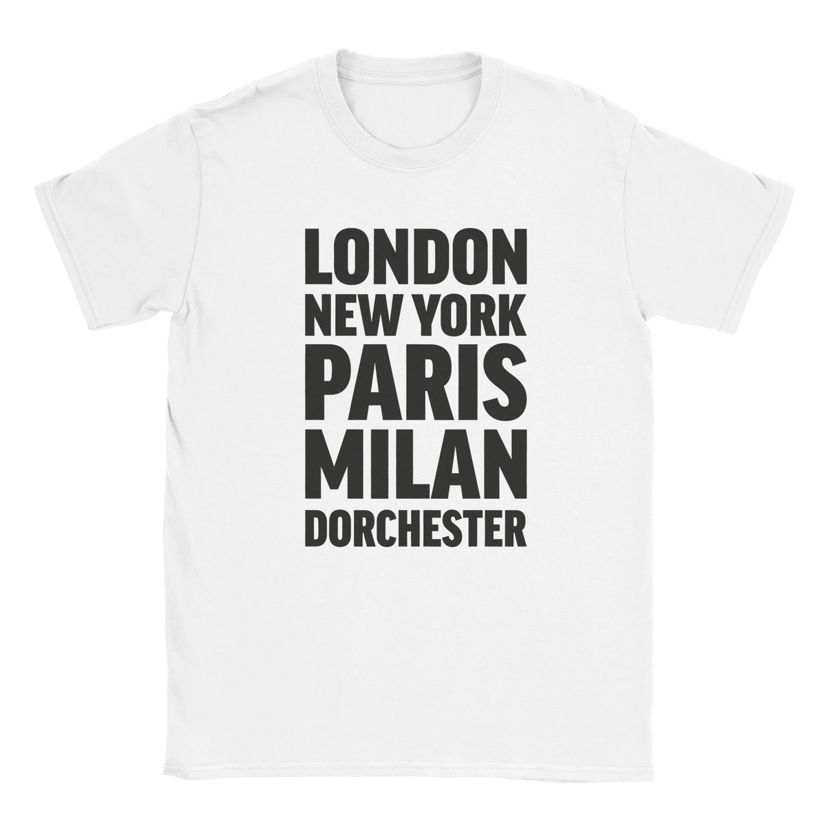 DORCHESTER T-shirt by Place name prints. A light hearted typographic design featuring London, New York, Paris and Milan