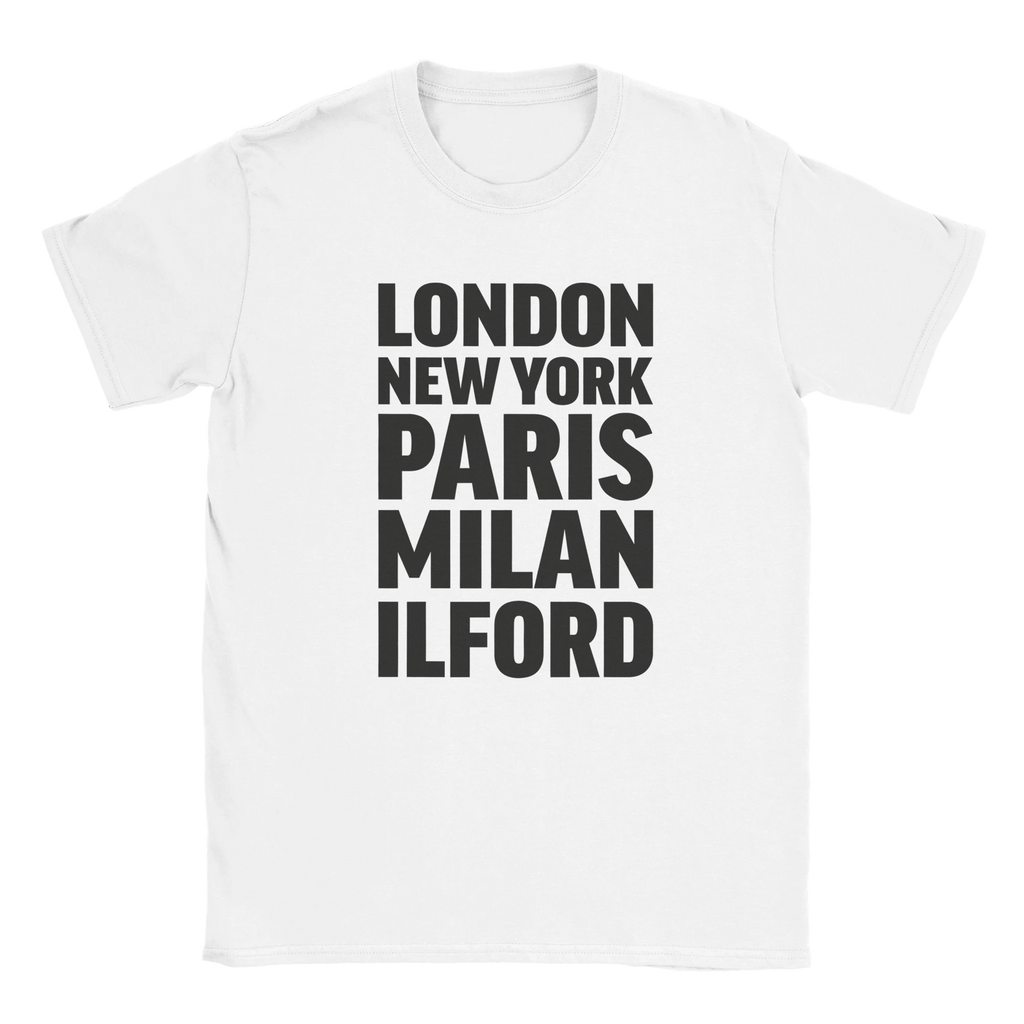 ILFORD T-shirt by Place name prints. A light hearted typographic design featuring London, New York, Paris and Milan