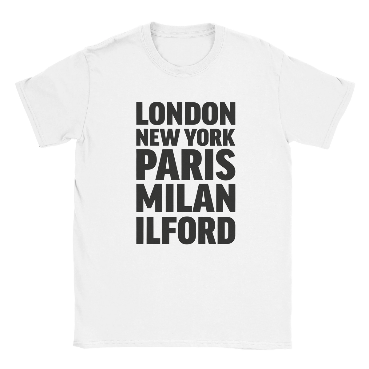 ILFORD T-shirt by Place name prints. A light hearted typographic design featuring London, New York, Paris and Milan