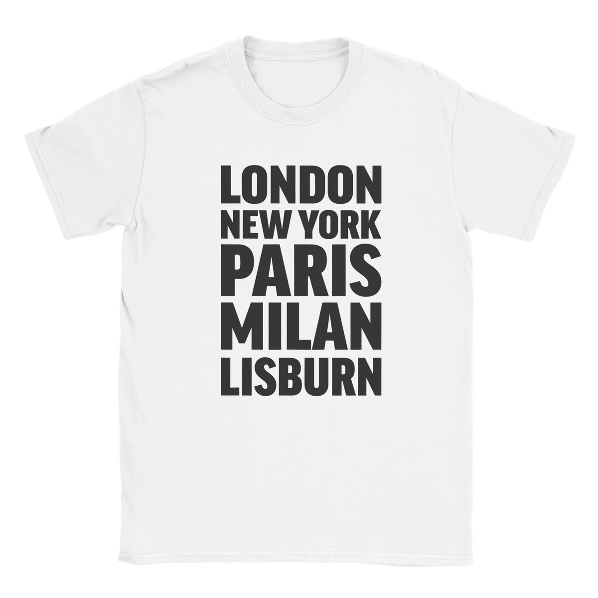 LISBURN T-shirt by Place name prints. A light hearted typographic design featuring London, New York, Paris and Milan